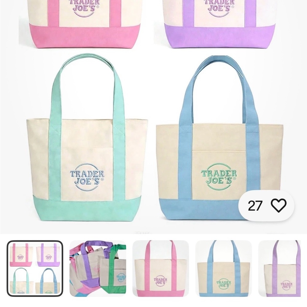 Trader Joe's Canvas Tote Bag - Mint/Pink/Purple/Blue Accent 4 pack